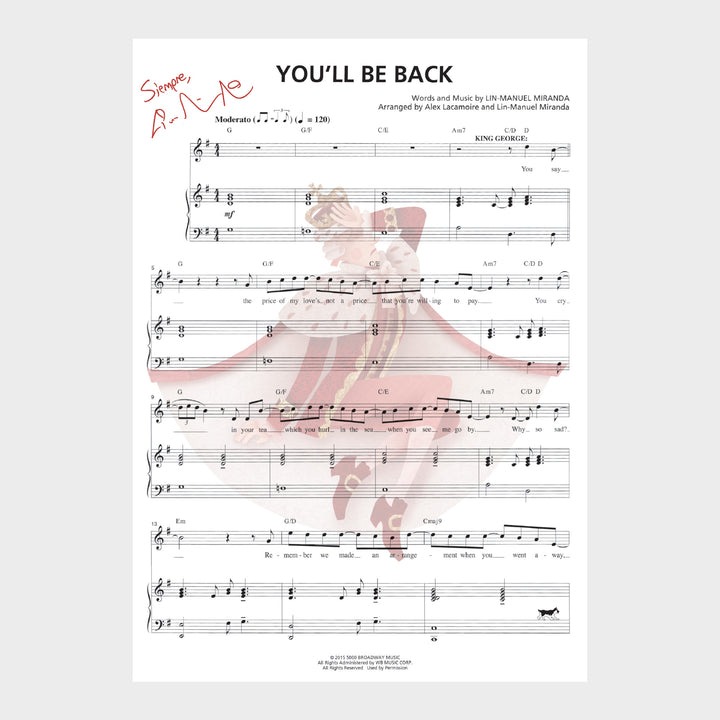 Hamilton "You'll Be Back" 8"x 10" Music Sheet