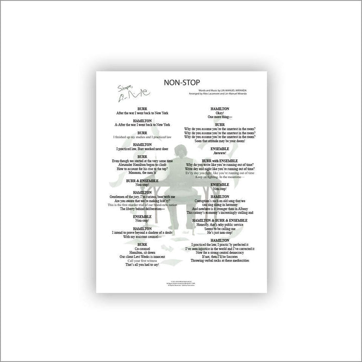 Hamilton "Nonstop" 8"x10" Music Sheet