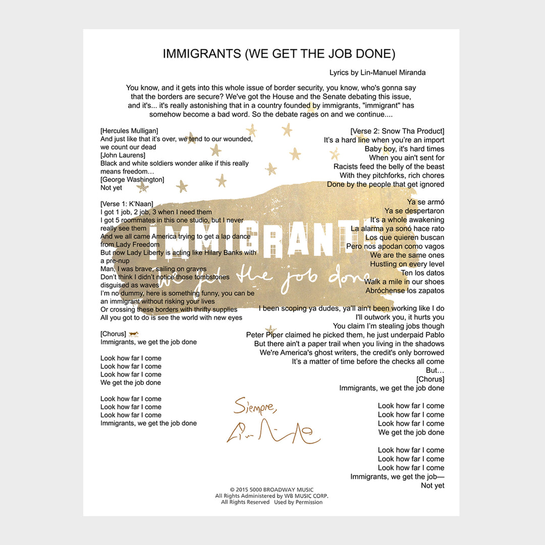 Hamilton LA "Immigrants We Get the Job Done" 8"x 10" Music Sheet