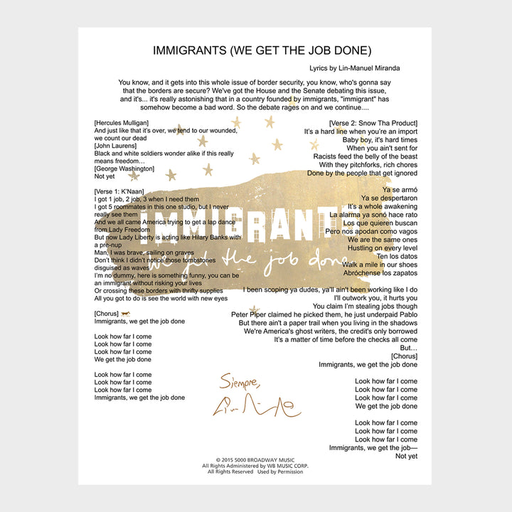Hamilton LA "Immigrants We Get the Job Done" 8"x 10" Music Sheet