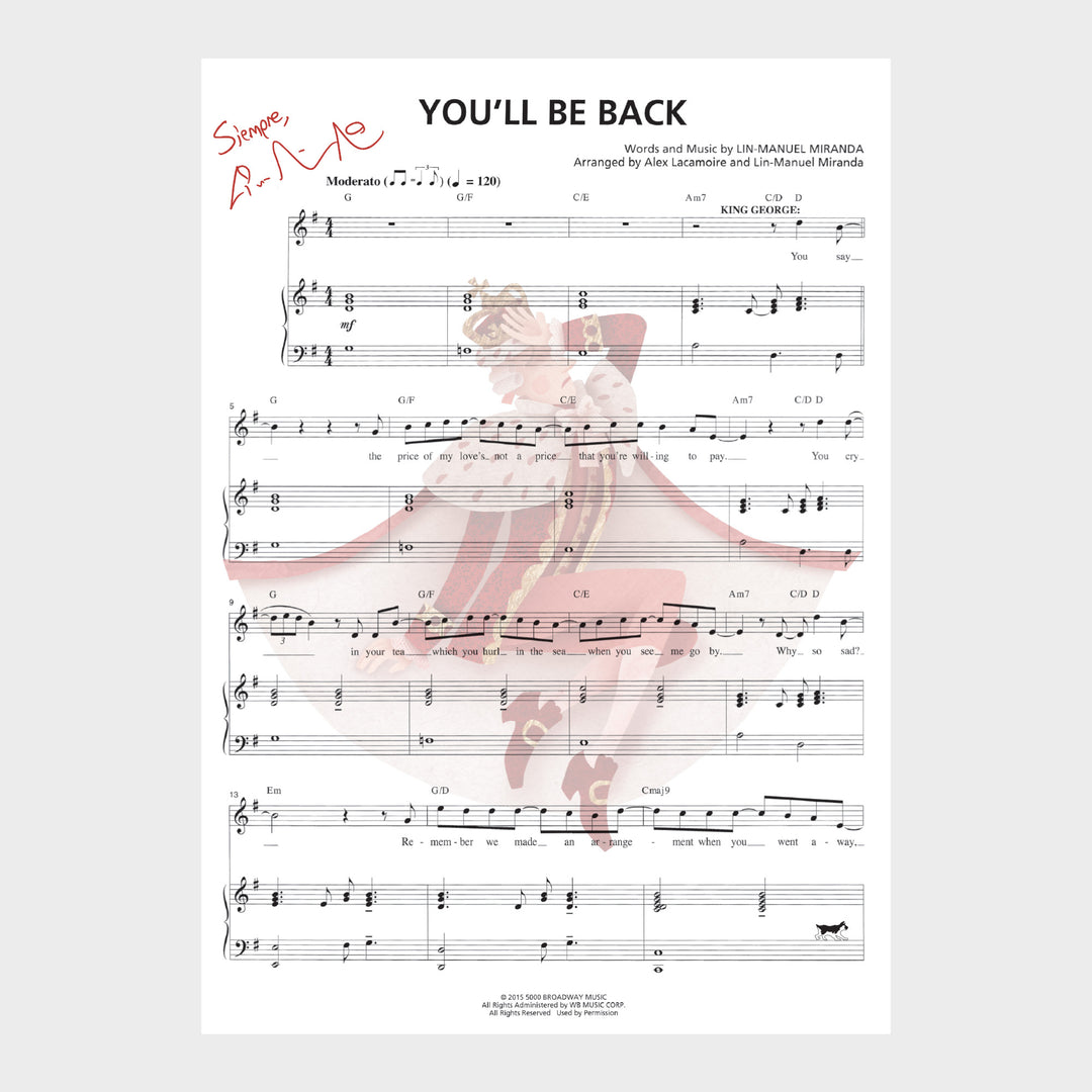 Hamilton "You'll Be Back" 8"x 10" Music Sheet